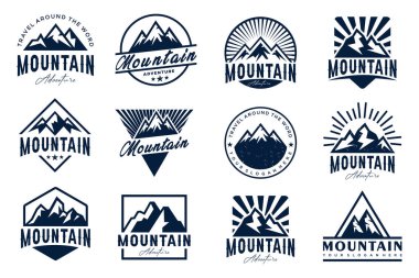 Dağ simgesi logo dizaynı. Kayalar ve tepeler logo elementleri. Vektör illüstrasyonu