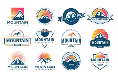 Dağ simgesi logo dizaynı. Kayalar ve tepeler logo elementleri. Vektör illüstrasyonu