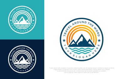 Dağ logosu tasarımı. Kayalar ve tepeler logo elementleri. Vektör illüstrasyonu