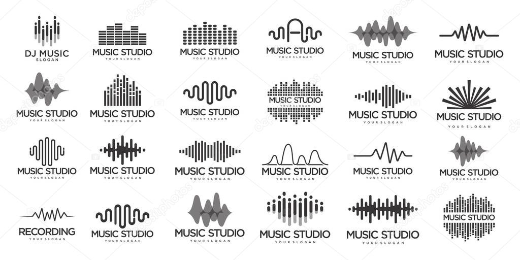 Sound wave icons set. Music waves symbols. Audio logos template. Voice equalizer emblems idea.