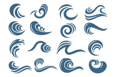 Su dalgası logosu tasarımı. Dalga şekilleri koleksiyonu. Mavi deniz dalgası logosu seti. vektör illüstrasyonu