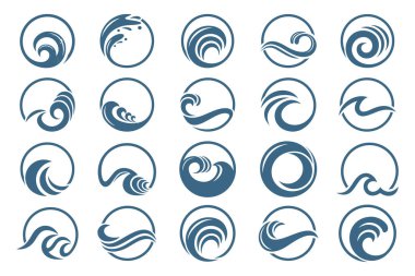 Su dalgası logosu tasarımı. Dalga şekilleri koleksiyonu. Mavi deniz dalgası logosu seti. vektör illüstrasyonu