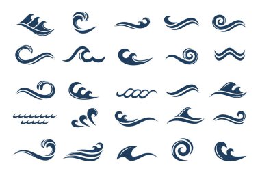 Su dalgası logosu tasarımı. Dalga şekilleri koleksiyonu. Mavi deniz dalgası logosu seti. vektör illüstrasyonu