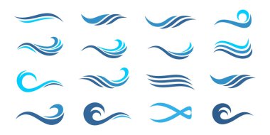 Su dalgası logosu tasarımı. Dalga şekilleri koleksiyonu. Mavi deniz dalgası logosu seti. vektör illüstrasyonu