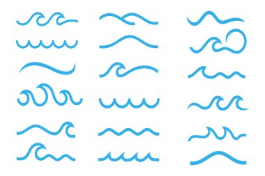 Su dalgası logosu tasarımı. Dalga şekilleri koleksiyonu. Mavi deniz dalgası logosu seti. vektör illüstrasyonu
