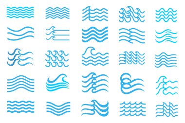 Su dalgası logosu tasarımı. Dalga şekilleri koleksiyonu. Mavi deniz dalgası logosu seti. vektör illüstrasyonu