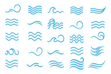 Su dalgası logosu tasarımı. Dalga şekilleri koleksiyonu. Mavi deniz dalgası logosu seti. vektör illüstrasyonu