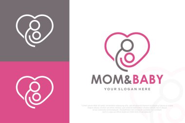 Anne ve bebek kalp şeklinde logo tasarımı. Medicine Klinik Logotype. vektör illüstrasyonu