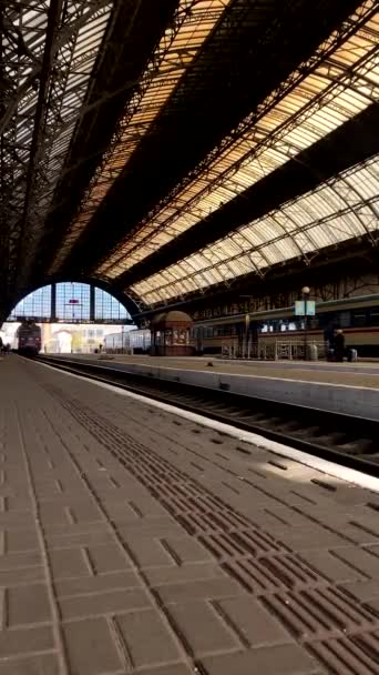 Tåget Anländer Till Järnvägsstationen Lviv Ukraina — Stockvideo