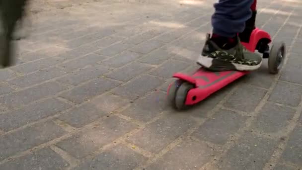Boy Riding Kick Scooter Public Park Close Face — Stockvideo
