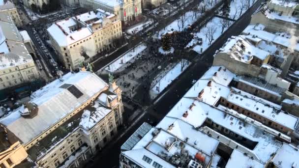 Overhead Utsikt Över Lviv Julgran Torget — Stockvideo