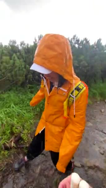 黄色のレインコートを着た女性が岩だらけのトレイルの雨の天気によって降りますウクライナのキャラバン — ストック動画
