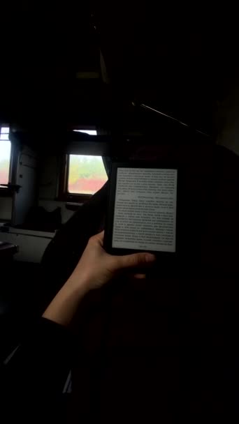 Pohled Žena Čtení Kniha Vlaku Dlouhé Železnice — Stock video