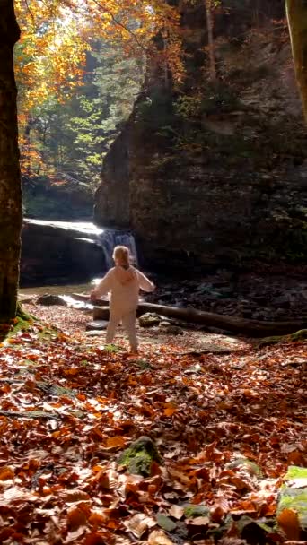 Fröhliches Energiemädchen Läuft Vor Dem Wasserfall Einem Sonnigen Herbsttag Zum — Stockvideo