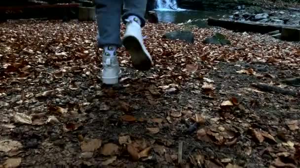Frau Rennt Zum Wasserfall Herbstwanderkonzept — Stockvideo