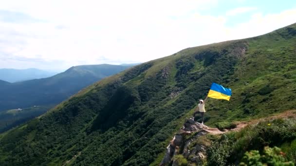 Молода Щаслива Жінка Тримає Український Прапор Скелі Карпат Літній Час — стокове відео