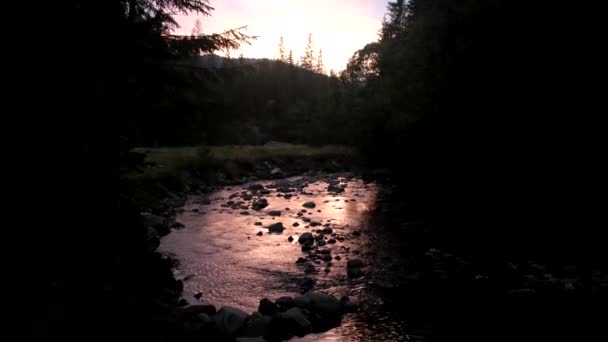 山の川の小川のシルエットの日没の反射 — ストック動画