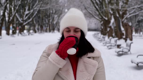 Ευτυχισμένη Γυναίκα Πορτρέτο Πίνοντας Καφέ Χειμώνα Χιονισμένη Μέρα Έξω — Αρχείο Βίντεο