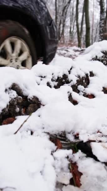Terénní Koncept Suv Auto Stezce Silnice Zasněženém Zimním Lese — Stock video