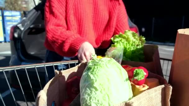 Kvinna Sätta Väskor Med Mat Från Livsmedel Vagn Till Bil — Stockvideo