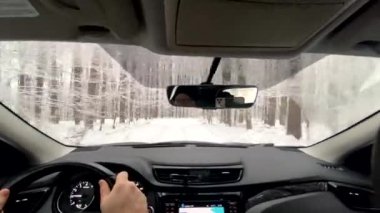 Adam güzel karlı orman manzarasının yanından arabayla geçiyor.