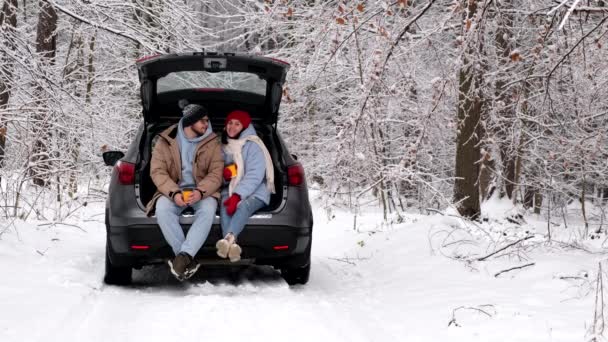 Pasangan Bahagia Memiliki Tanggal Lucu Hutan Salju Makan Burger Minum — Stok Video