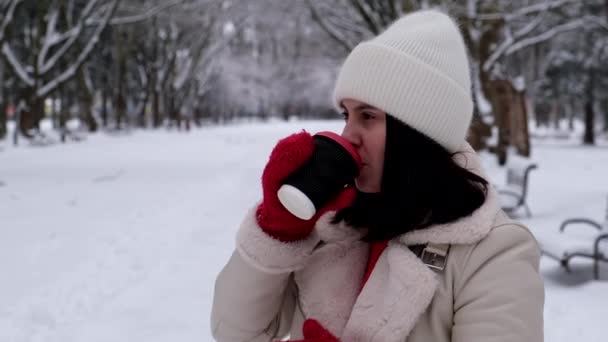 Happy Woman Portrait Drinking Coffee Winter Snowed Day — Stock Video