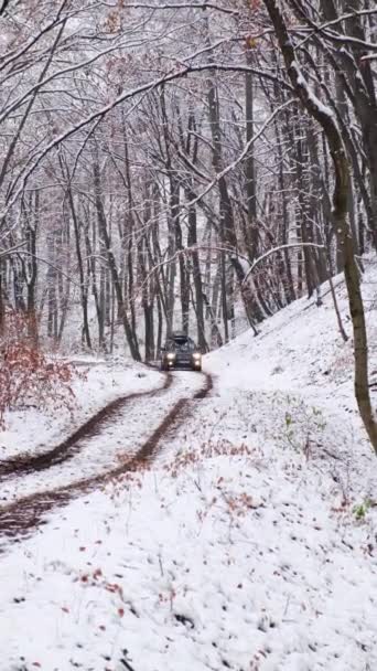 雪に覆われた冬の森のトレイル上の道路上の概念Suv車 — ストック動画