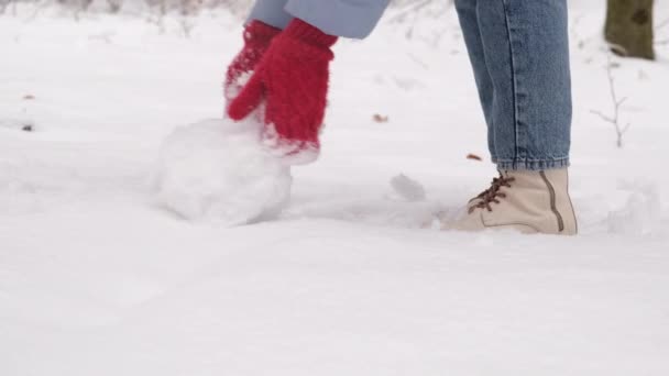 Kobieta Bałwan Zbliżenie Toczenia Śnieżka — Wideo stockowe