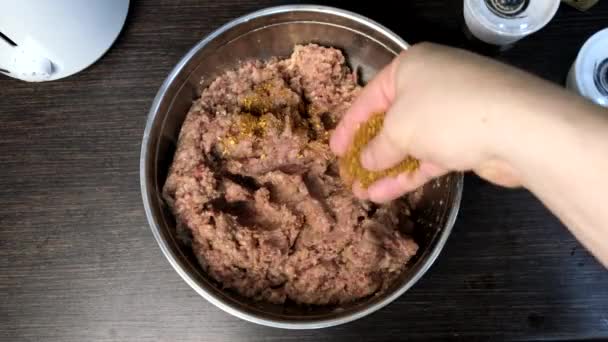 Add Seasoning Forcemeat Overhead Bowl Domestic Kitchen — Stock Video