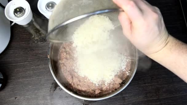 Cooking Meatballs Forcemeat Overhead Add Hot Rise Domestic Kitchen — Videoclip de stoc
