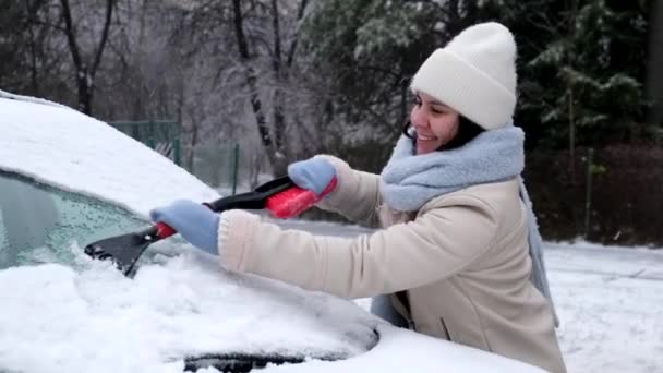 Woman Cleaning Car Snow Brush Winter Storm — Αρχείο Βίντεο