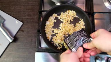 cooking at domestic kitchen overhead view red tomatoes sauce on frying pan healthy food