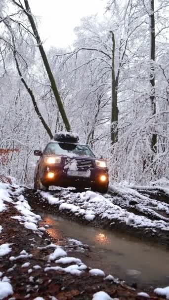 Road Koncepcja Suv Samochód Drodze Szlak Śniegu Lasu Zimowego — Wideo stockowe