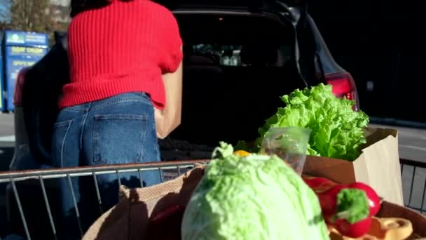 Frau Legte Tüten Mit Lebensmitteln Aus Einkaufswagen Den Kofferraum — Stockvideo