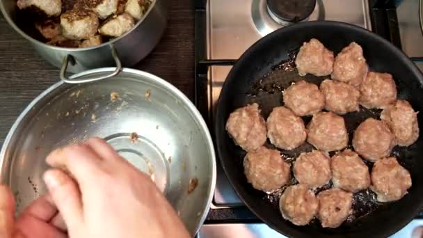 Overhead View Frying Meatballs Pan Domestic Food Pov — Video