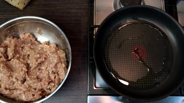 Overhead View Frying Meatballs Pan Domestic Food Pov — Stock video