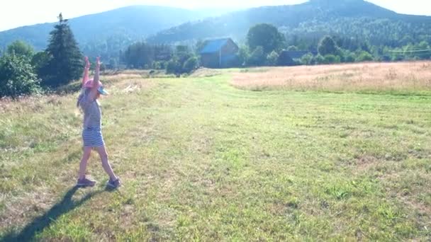 Little Girl Making Acrobatic Wheel Green Filed Mountains Background Summertime — Wideo stockowe