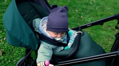 Bebek arabasındaki küçük şirin çocuk dışarıda oyuncak ilkbahar zamanı oynuyor.
