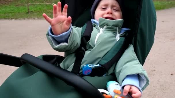 Liten Söt Småbarn Pojke Barnvagn Utomhus Leka Med Leksak Våren — Stockvideo
