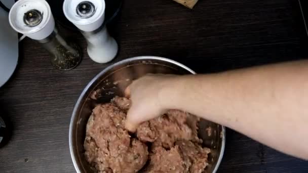 Cooking Meatballs Mixing Forcemeat Overhead Bowl Domestic Kitchen — Stock Video
