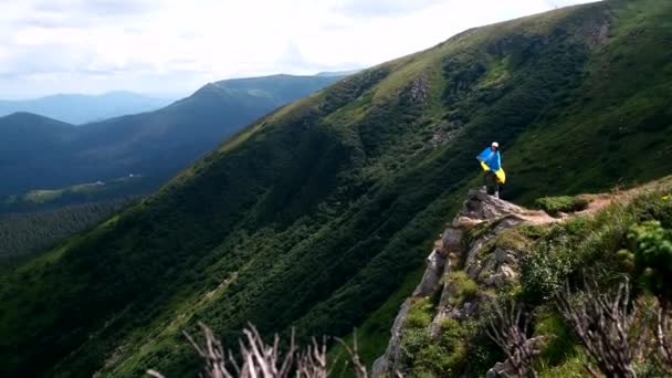 Yaz Mevsiminde Karpat Dağları Nın Yamacında Ukrayna Bayrağı Taşıyan Genç — Stok video