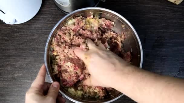 Cooking Meatballs Mixing Forcemeat Overhead Bowl Domestic Kitchen — Vídeo de Stock
