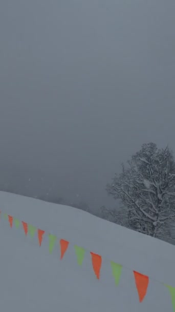 Pov Ιππασία Πίστα Σκι Στο Χιόνι Χιονοθύελλα Συννεφιασμένο Καιρό Bukovel — Αρχείο Βίντεο