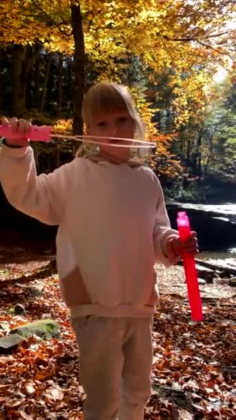 幸せな女の子作る石鹸泡屋外で遊ぶ秋の森の滝を背景に — ストック動画