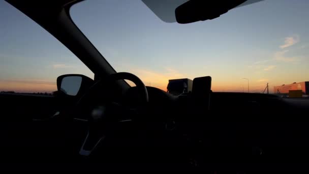 Zachód Słońca Nad Autostradą Widok Wnętrza Samochodu Road Trip — Wideo stockowe