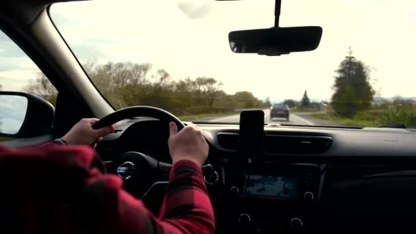 Car Driven Man Autumn Road Travel Concept — Stock Video