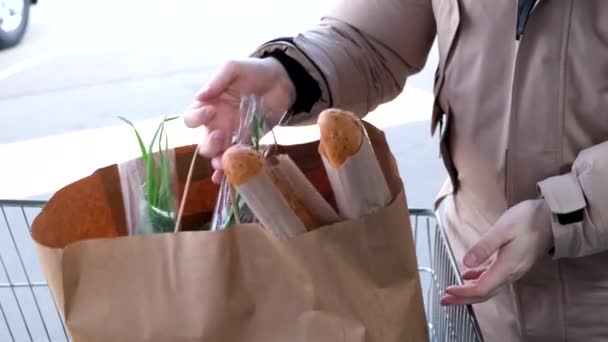 식료품 봉지를 가게의 트롤리에서 가까운 트렁크에 — 비디오