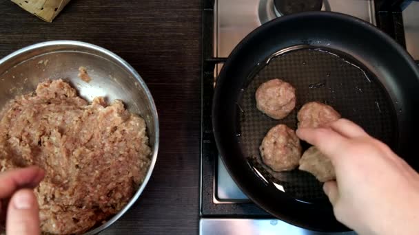 Overhead View Frying Meatballs Pan Domestic Food Pov — Stock Video