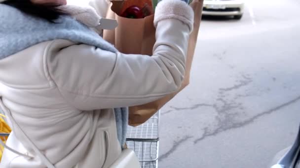 여자가 식료품을 가방을 자동차 트렁크 쇼핑몰 주차장에 넣었다 — 비디오